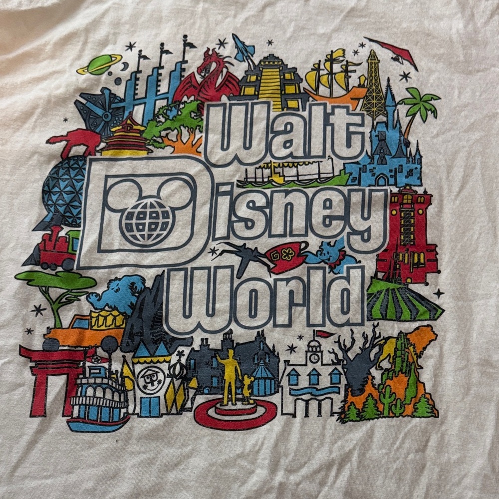 Disney White Tee with Multicolor Park Icons